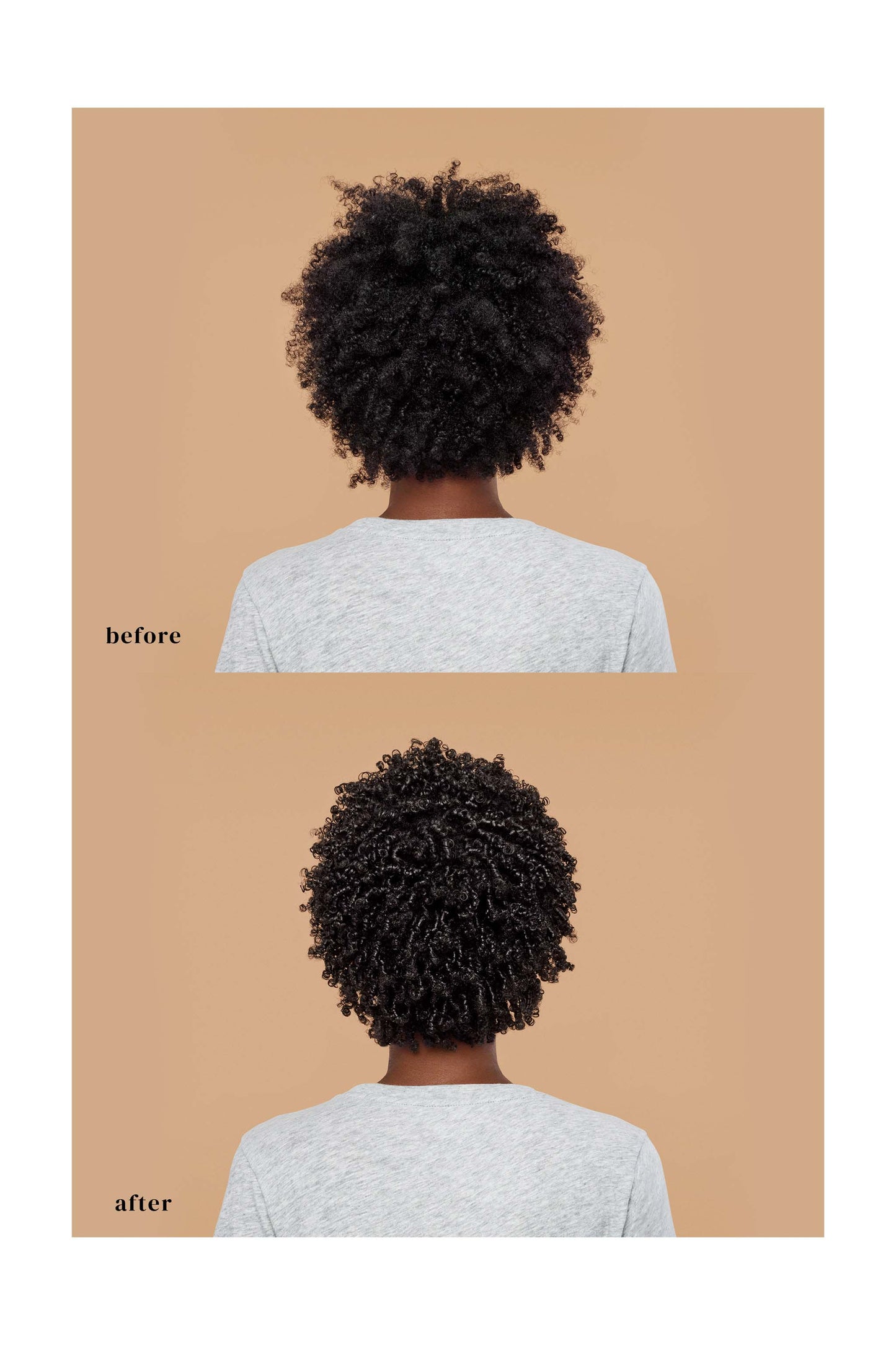 Before and after results of coily haired model using the Advanced Climate Control® Heat & Humidity Gel