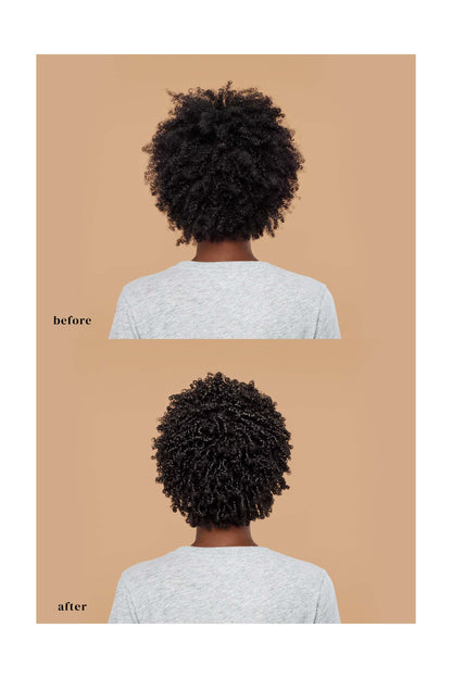 Before and after results of coily haired model using the Advanced Climate Control® Heat & Humidity Gel